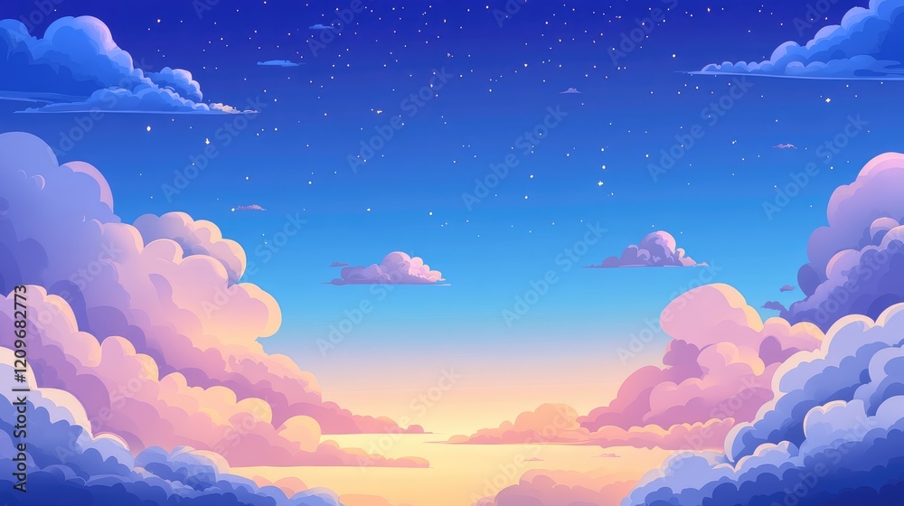 Poster vibrant dusk sky with soft pink and purple clouds illuminated by golden horizon in a serene landscap