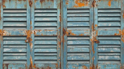 Rustic steel shutters with peeling blue paint and textured surfaces, ideal for backgrounds and...