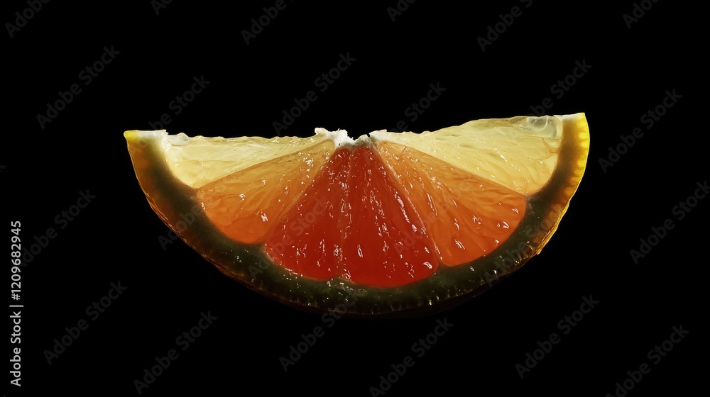 Poster Fresh lemon slice with water droplets isolated on a black background highlighting its vibrant color and texture for culinary use