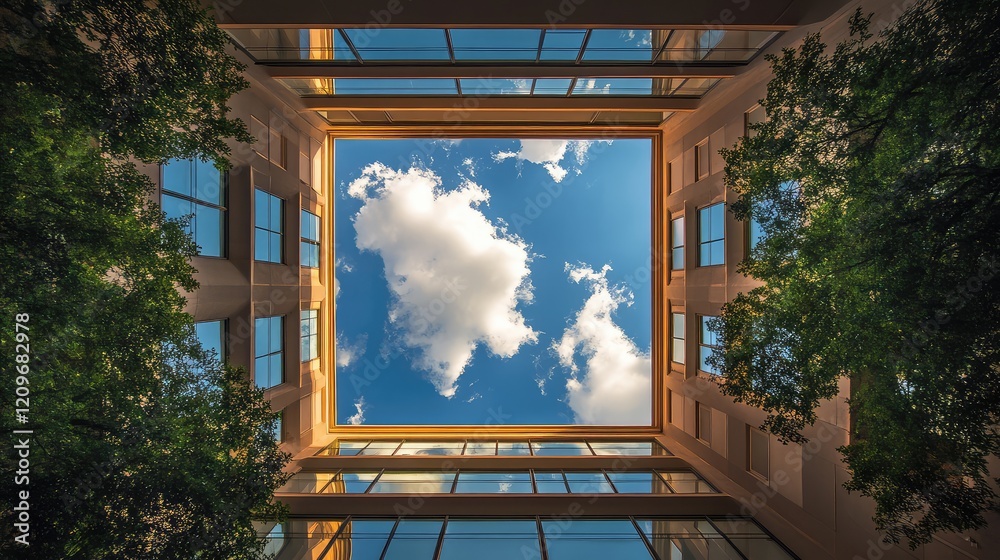 Poster modern skylight square surrounded by urban architecture with vibrant green trees and a clear blue sk