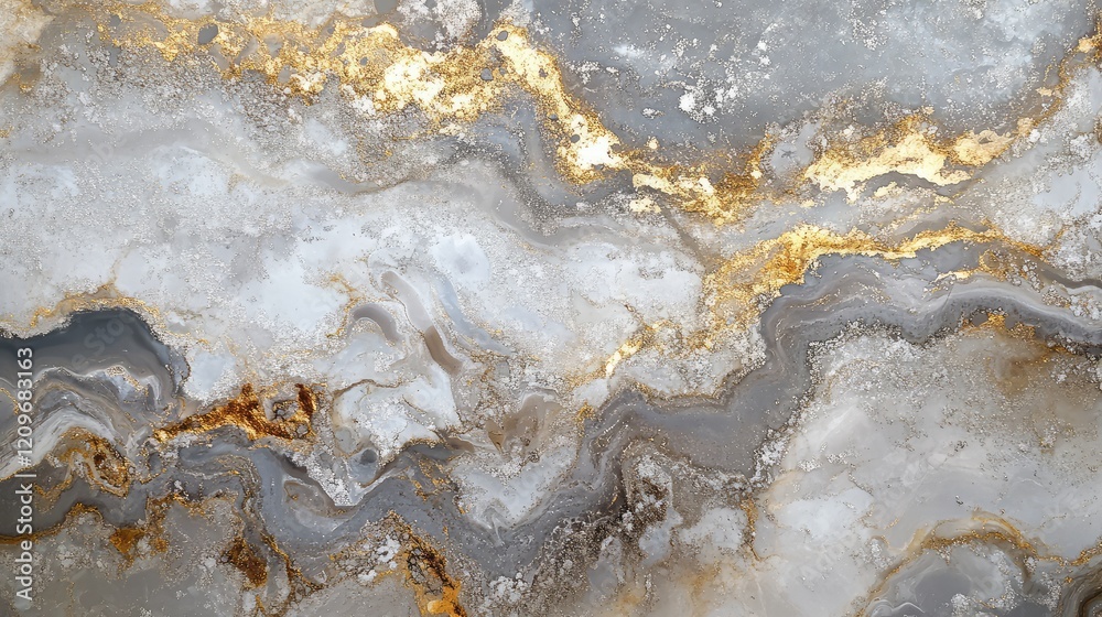 Poster Abstract agate background featuring soft glows of silver and gold with intricate gray textures, ideal for luxury decor and design concepts.