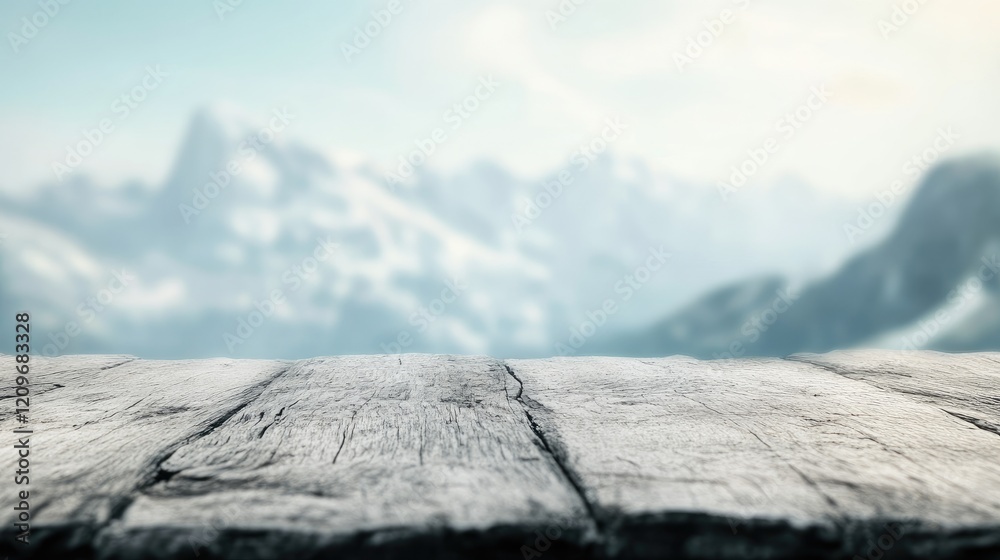 Poster serene blurred mountain landscape with rustic wooden tabletop for nature backdrop and product displa