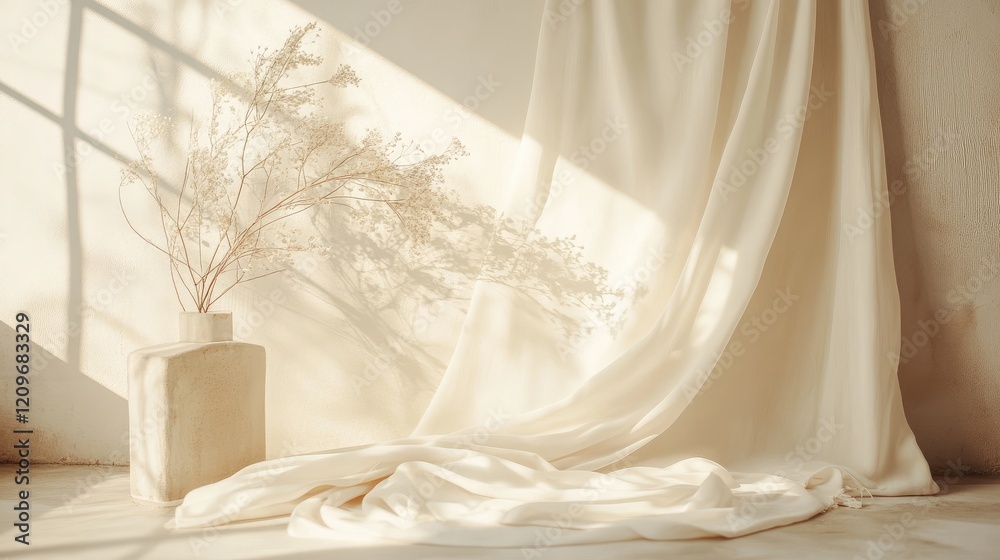 Poster elegant soft cream fabric cascading against a neutral background with gentle natural light and minim