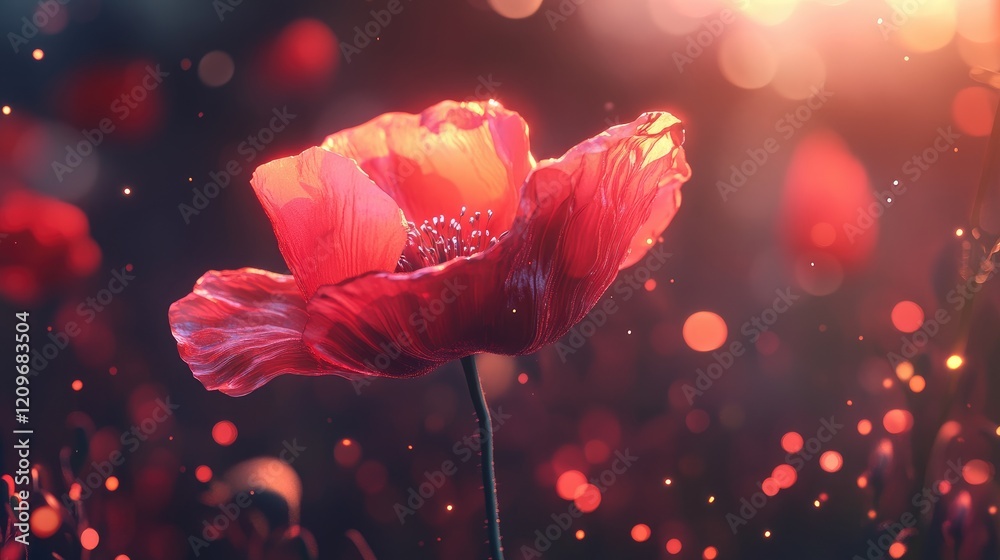 Aufkleber Single vibrant red poppy flower illuminated by sunlight with a soft bokeh effect in the background creating a dreamy atmosphere