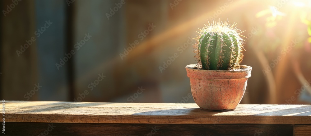 Poster Small cactus in a terracotta pot on a rustic wooden shelf illuminated by sunlight creating a warm and inviting atmosphere
