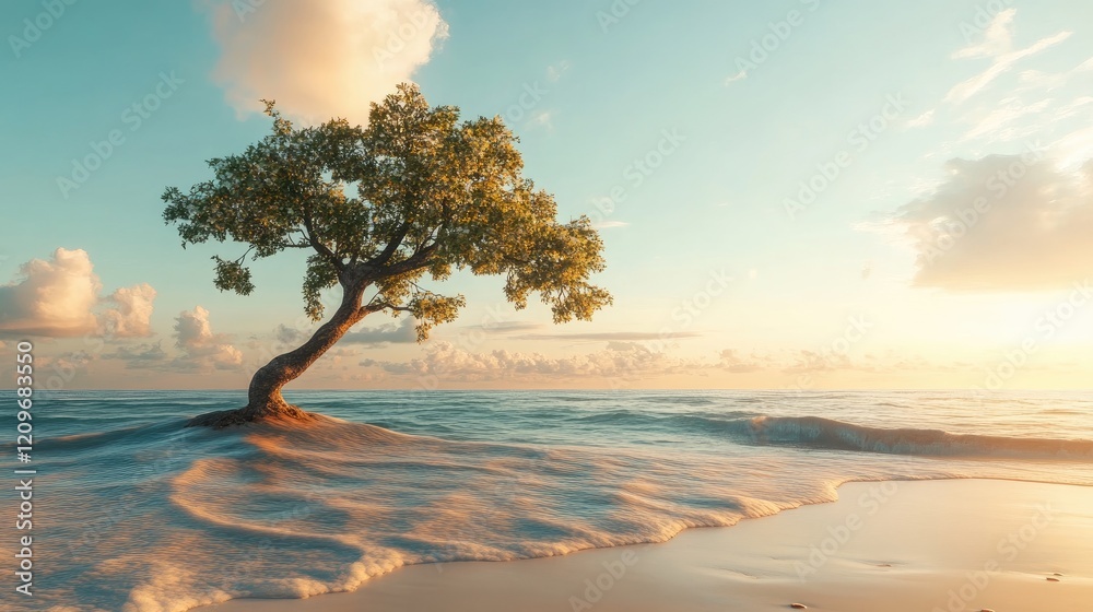 Poster lone tree gracefully arching over a serene beach with gentle waves and soft sunset colors in the bac