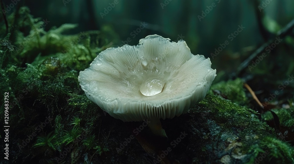 Poster mushroom with water droplet on cap thriving in lush greenery symbolizing resilience and adaptability