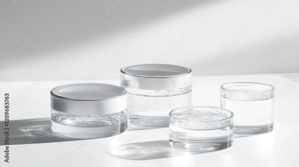 Poster Clear glass skincare containers showcasing luxurious hydrating creams on a pristine white background with soft shadows highlighting texture and reflections.