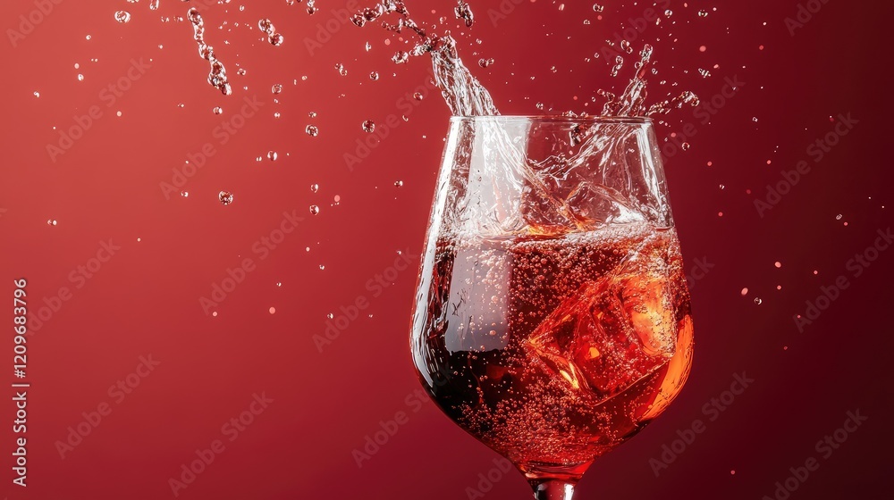 Poster Refreshing Cocktail Splash in Elegant Glass with Ice Cubes Captured Against Stylish Red Background