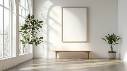 Fototapeta premium Blank wall frame above a simple bench in a Scandinavian-style room