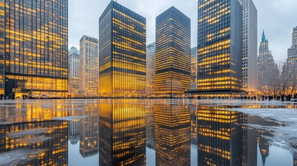 Fototapeta premium New York City Skyscrapers Reflected on Wet Icy Street Puddles at Night During the Blue Hour. Stunning Urban Reflection, Cityscape, and Nighttime Beauty.