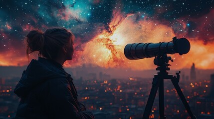 Fototapeta premium Space enthusiast explores the Orion Nebula with a telescope on a city rooftop