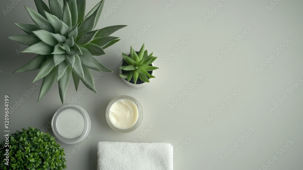 Poster moisturizing skincare set featuring cream and towels with lush green houseplants on soft gray backgr