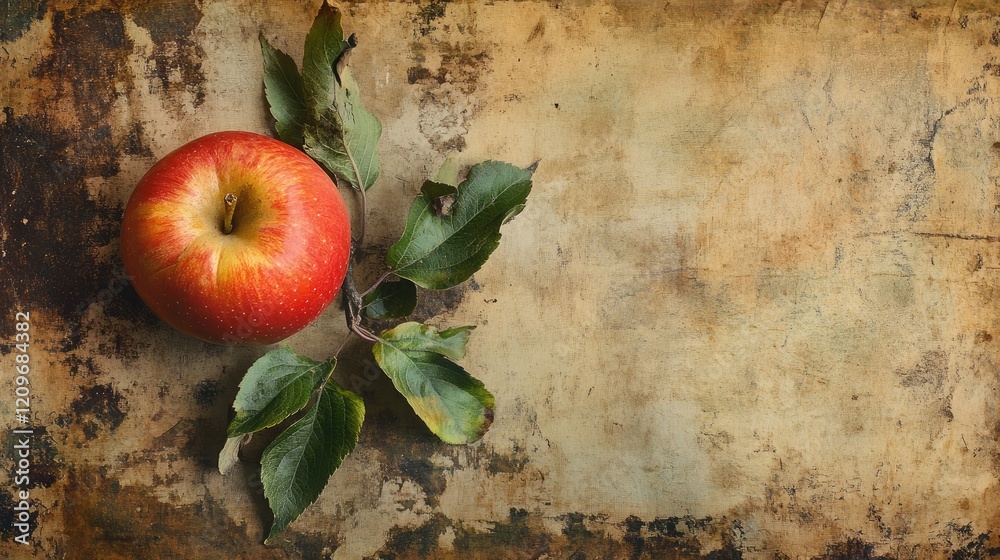 Poster red apple on vintage paper background with green leaves and rustic texture
