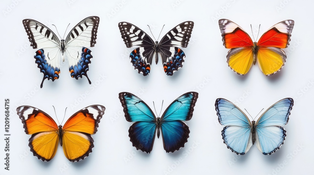 Poster colorful butterfly collection showcasing six diverse species arranged on a white background highligh