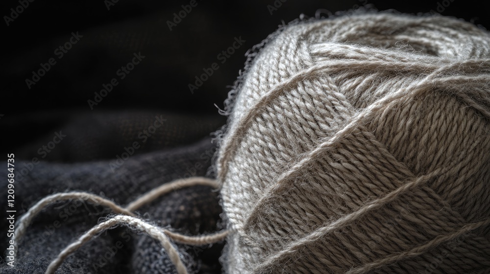 Poster skein of natural wool yarn with thread beautifully displayed on dark textured background for craftin