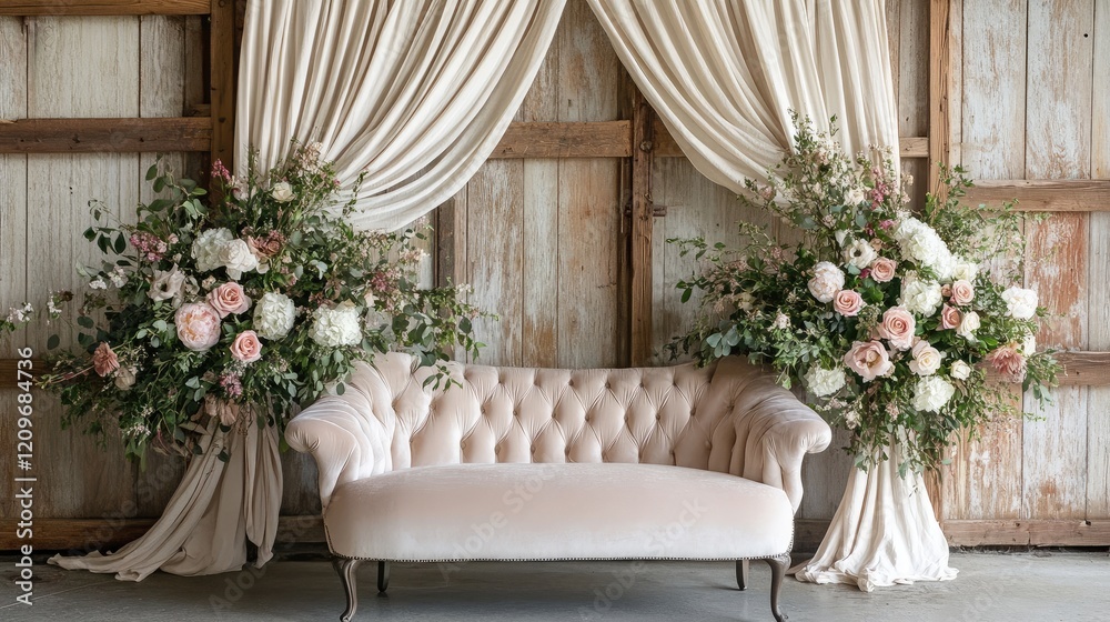 Poster elegant soft cream velvet sofa with floral arrangements in rustic setting