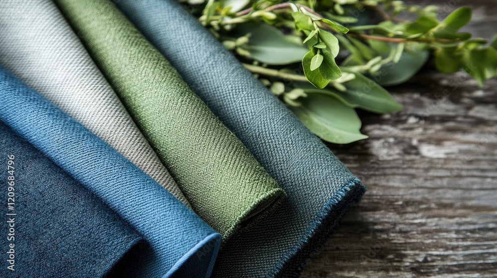 Poster textured fabrics in soft ecological colors of grey green and blue with natural greenery on rustic wo