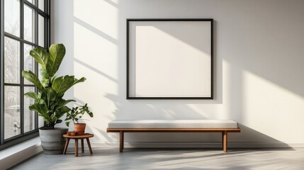 Blank wall frame above a simple bench in a Scandinavian-style room