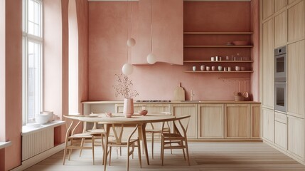Tea rose accents in a Scandinavian-style kitchen and living area with minimalist furniture and wooden finishes