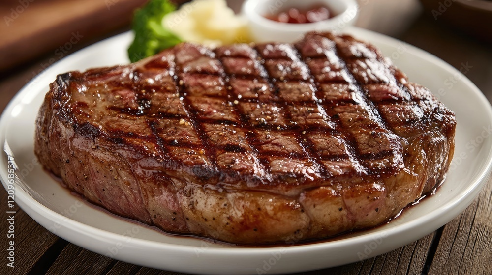 Poster grilled sirloin steak plated with sides of mashed potatoes and herbs on a rustic wooden table settin