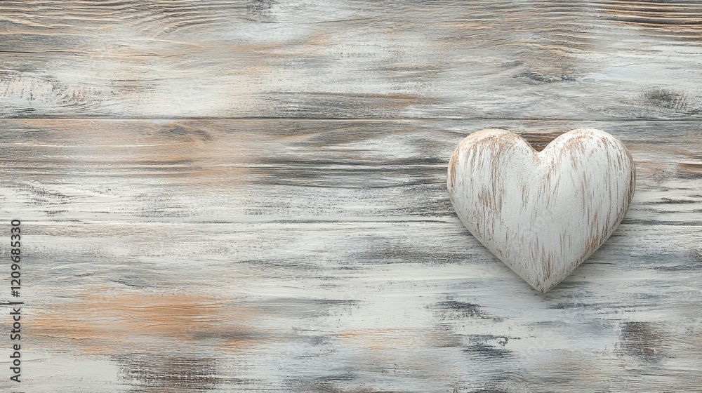Poster rustic wooden background with a single white heart decoration symbolizing love and affection in a se