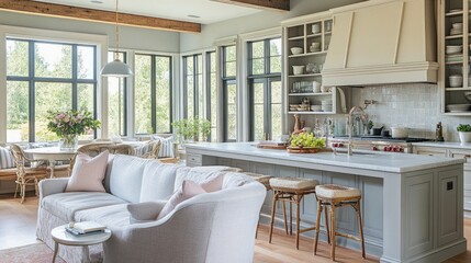 Tea rose and cream-colored kitchen with open shelving and a connected living room with light gray furniture