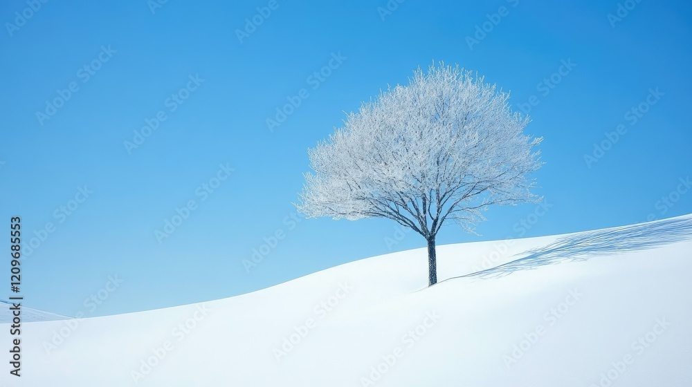 Poster lone frost-covered tree on snowy landscape under a clear blue sky creating a serene winter mountain 