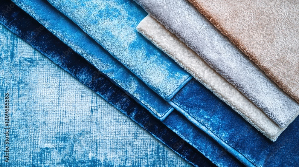 Poster lush sky blue and neutral velvet fabric textures flat lay displaying assorted plush materials in var