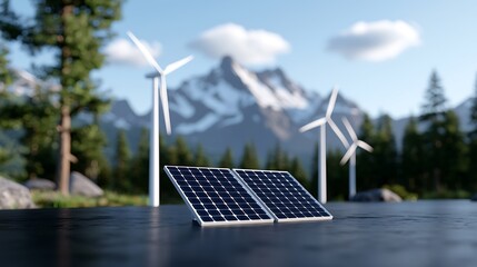 Solar Panels and Wind Turbines in a Mountainous Landscape