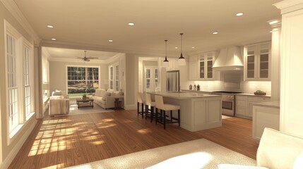 Tea rose and white kitchen with sleek, modern finishes, leading to a cozy living room with matching accents