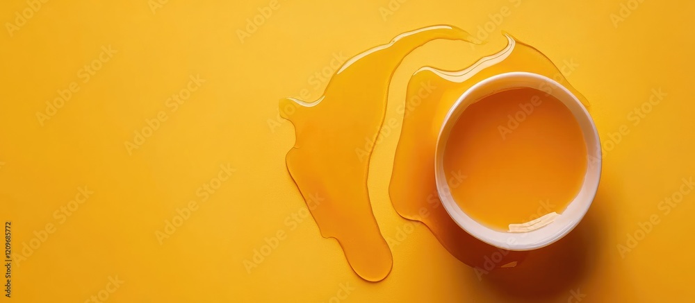 Poster Bright yellow background featuring a spilled cup of orange liquid with a vibrant shadow, creating a cheerful and dynamic composition for creative design use.