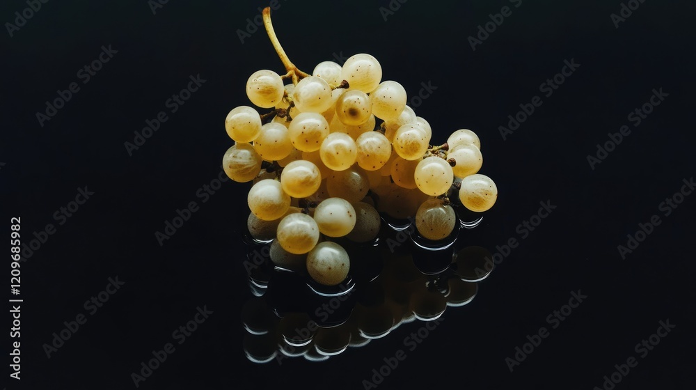 Poster Close up of a single white grape cluster with glossy reflection on a dark surface showcasing texture and freshness of the fruit.