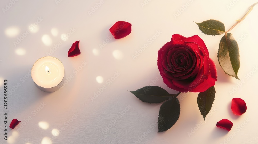 Aufkleber Elegant red rose with soft candlelight creating a romantic atmosphere on a white background with scattered petals.
