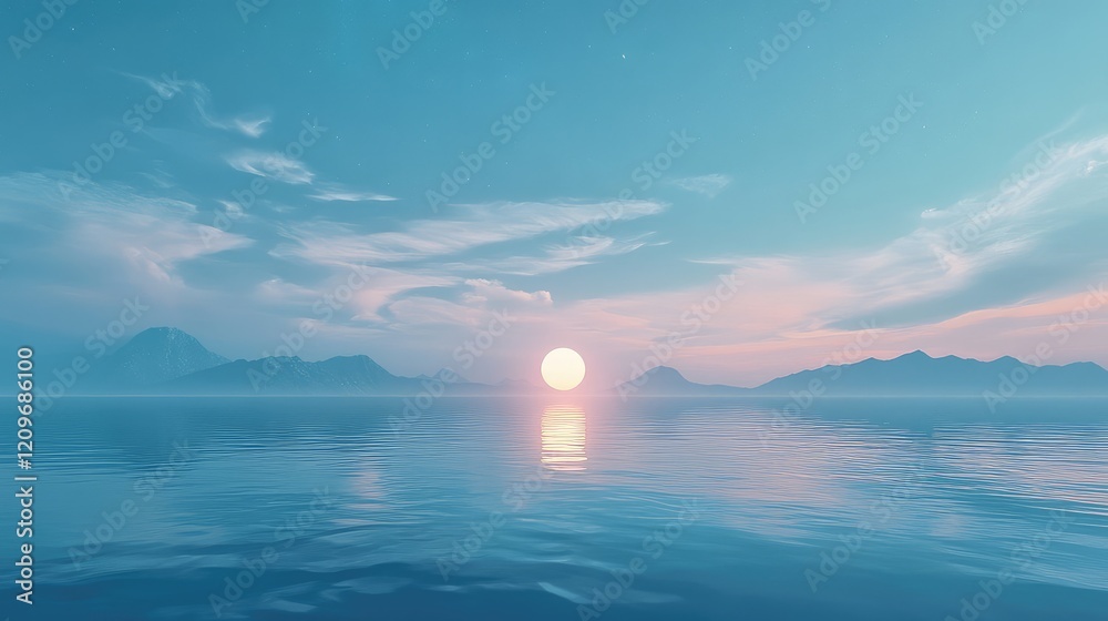 Aufkleber Serene twilight over calm azure ocean with distant mountains under soft pastel skies creating a tranquil panoramic landscape scene