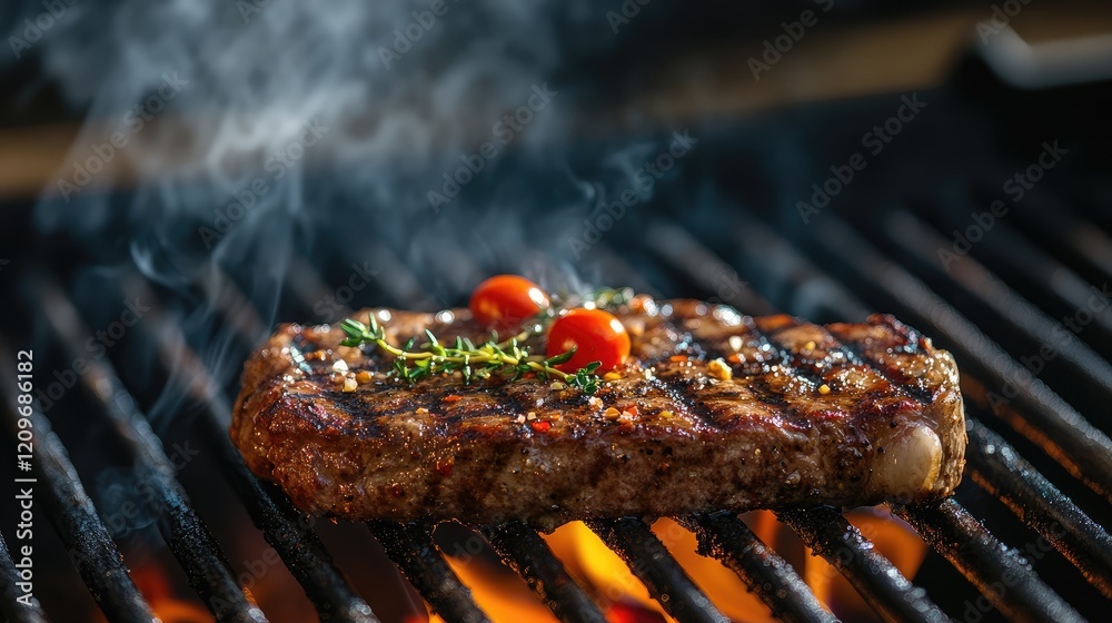 Poster sizzling steak on grill with fresh herbs and smoky backdrop creating an inviting culinary atmosphere