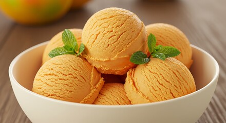 Papaya ice cream scoops in a bowl, garnished with mint, tropical sunset scene