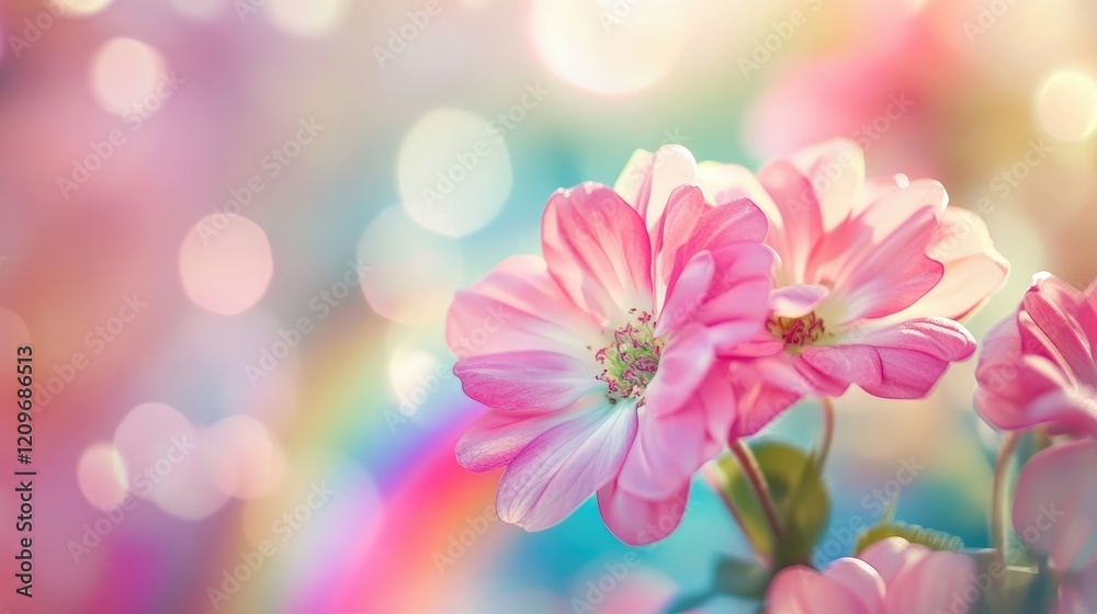Poster dreamy pastel floral bokeh background with soft blurry colors and rainbow elements for inspirational