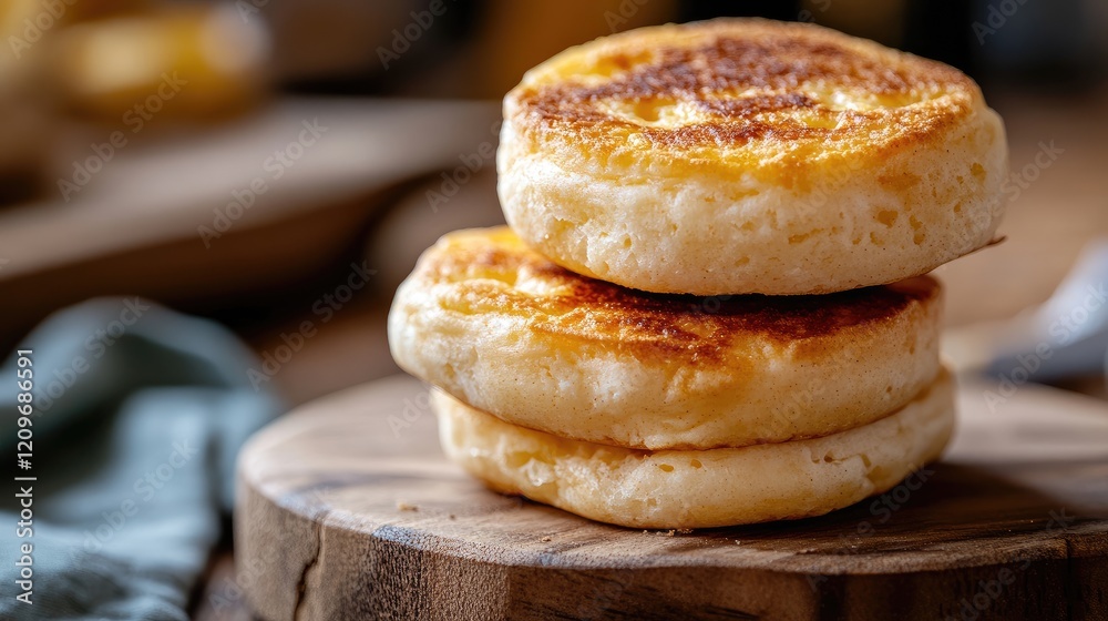 Poster close up of soft english muffins stacked on wooden board perfect addition to a delicious breakfast w