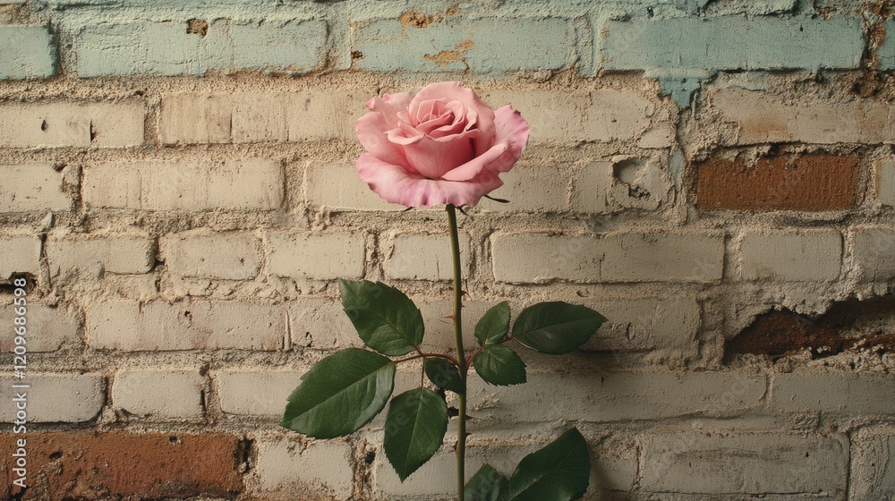 Poster Pink Rose Elegantly Posed Against Textured Brick Wall Surrounded by Soft Greenery Bokeh Creating a Serene Atmosphere