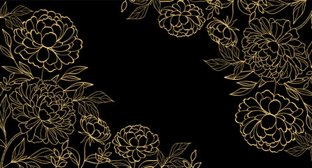 Gold peonies frame. Elegant and luxury background. For wedding invitation, wall art, wallpaper, flyers, fashion design, greeting cards © IsaStock