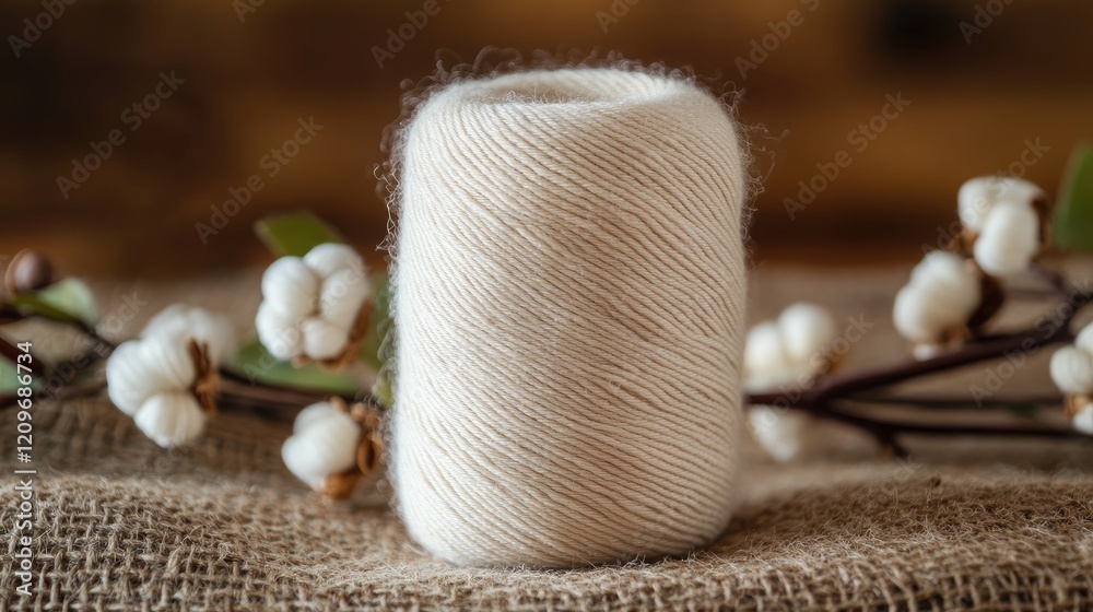 Poster natural cotton yarn skein with soft texture surrounded by cotton bolls on rustic burlap background f
