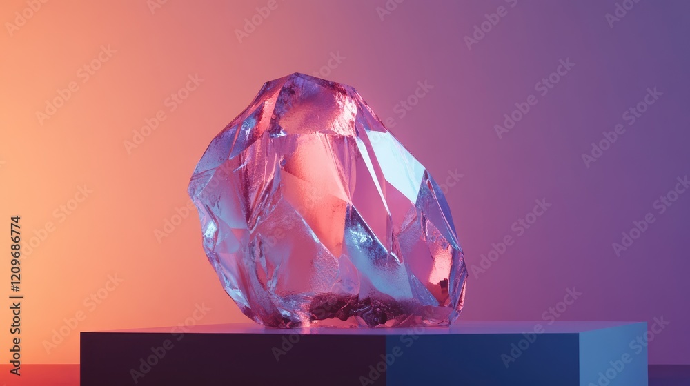 Poster artistic crystal sculpture with vibrant lighting on display against a gradient background showcasing