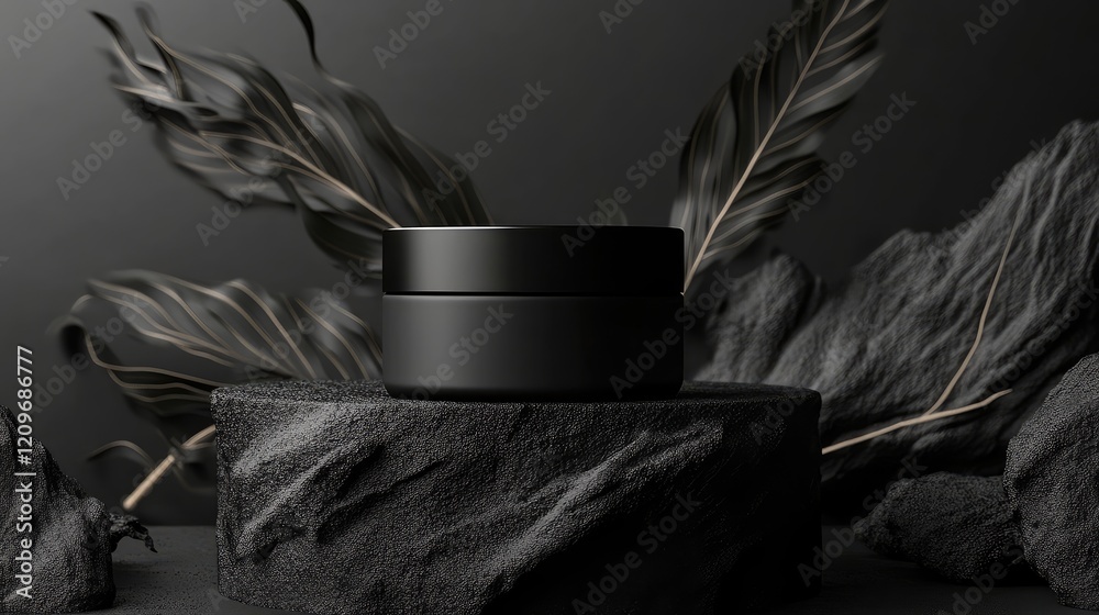 Poster black round product container on dark textured surface with green leaves in artistic digital composi