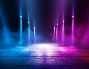 Dark scene colorful lights concert stage blue and purple background,