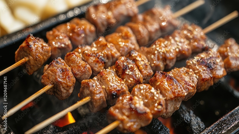 Poster grilled meat skewers marinated in savory spices served on skewers with a smoky barbecue background