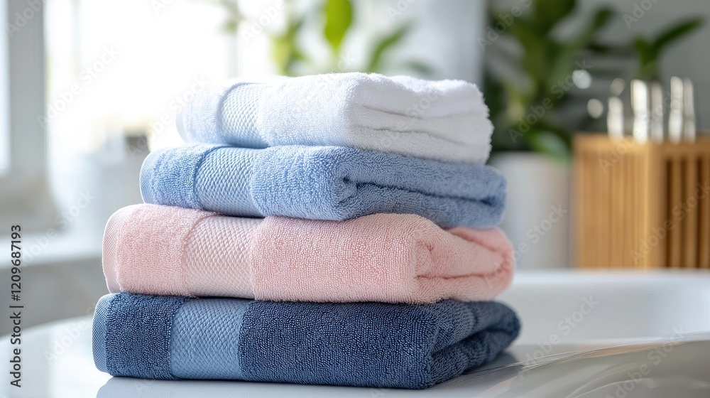 Poster Plush towels stacked in calming colors on a bathroom countertop with greenery in a bright, relaxing setting