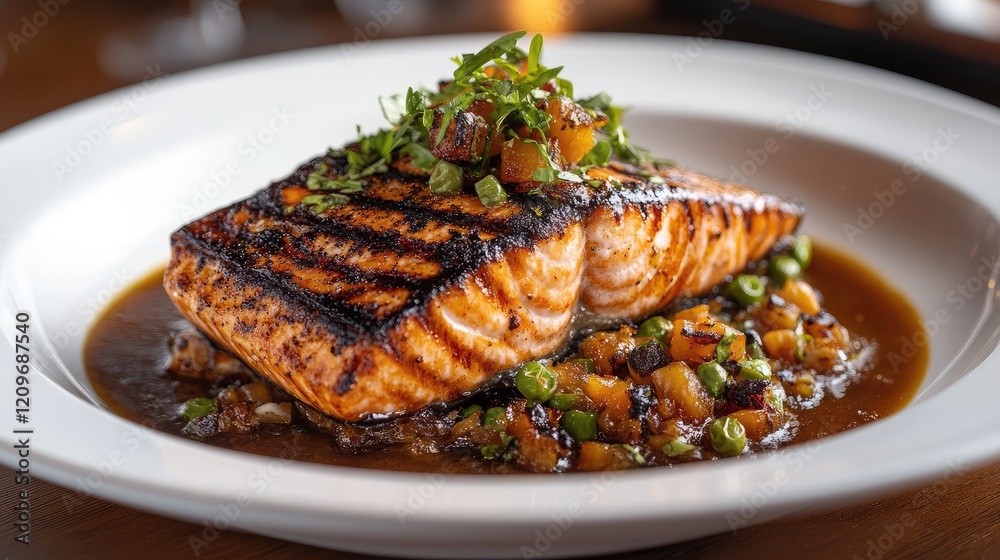 Poster grilled salmon fillet on white plate with colorful garnish and vegetables in rich sauce against rust