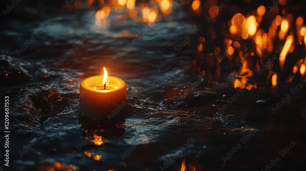 Poster serene candle flickering in dark waters surrounded by shimmering reflections and gentle shadows