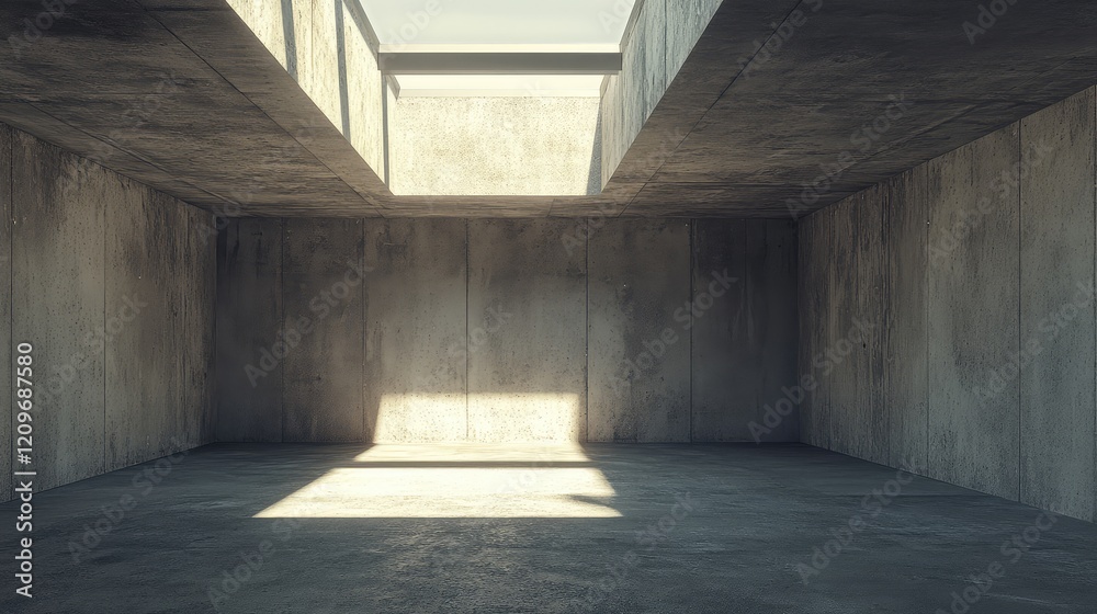 Poster Natural light streaming through a skylight into a minimalist concrete building interior showcasing shadows and textures in a modern architectural space.